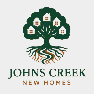 Johns Creek New Homes logo featuring tree with houses representing new single family homes and townhomes in Johns Creek Georgia