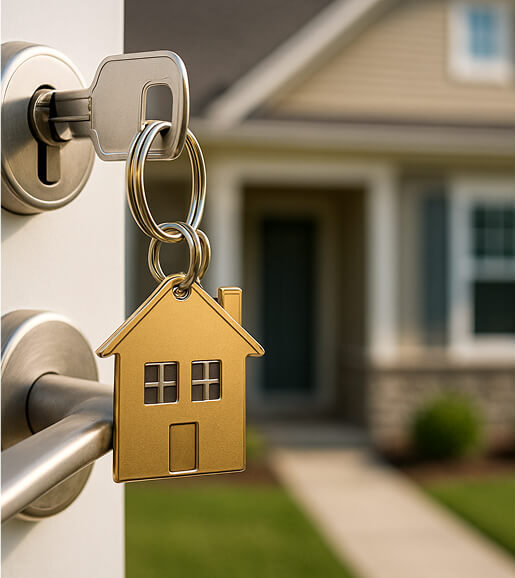 A key hanging in the door with a house on the key chain