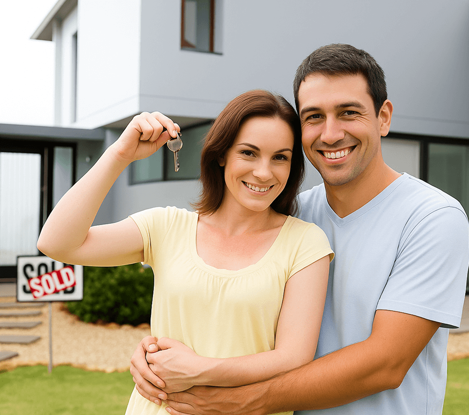smiling couple in johns creek ga holding up a key signifying they just bought a home